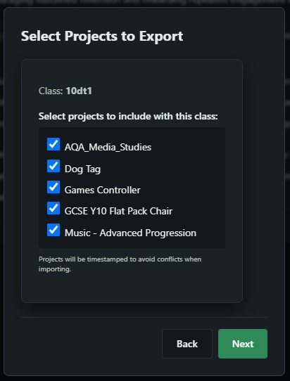 Export Class — select which projects to include