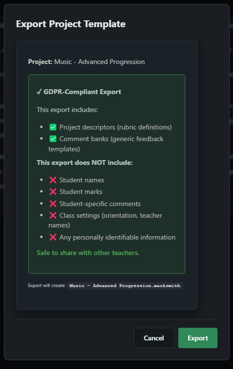 Export Project — GDPR-compliant, no student data